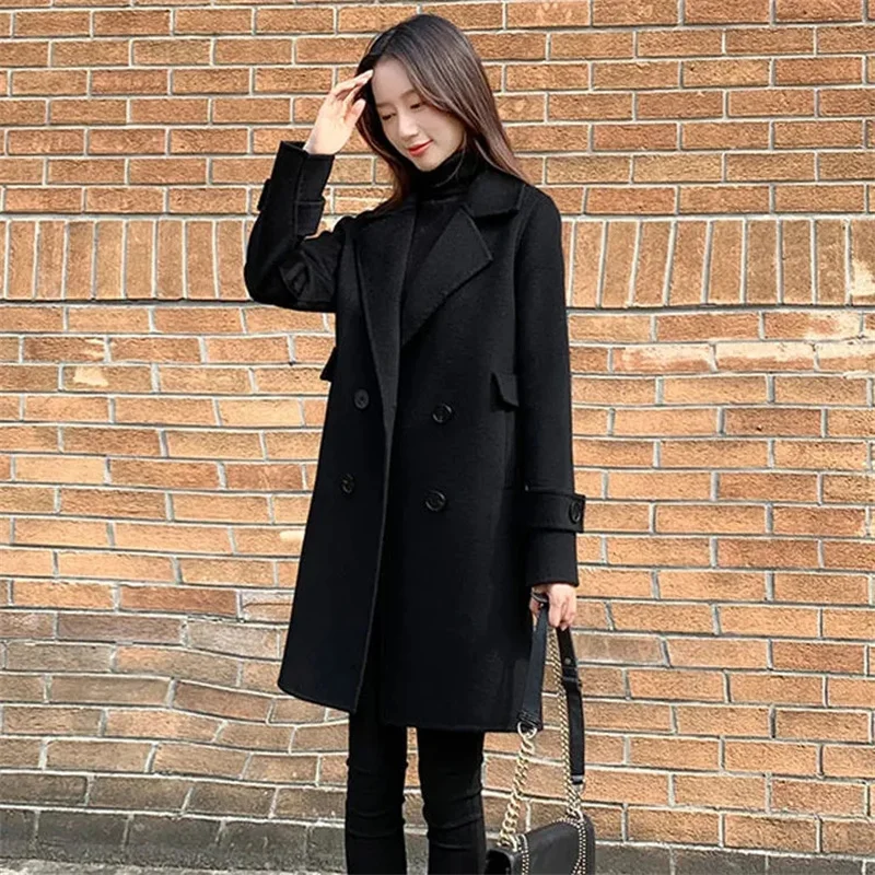 

Wool Coat Women's Long 2023 Autumn Winter New Outwear Trend Loose Hepburn Wind Overcoat Black Padded Eoolen Jackets Female Tops