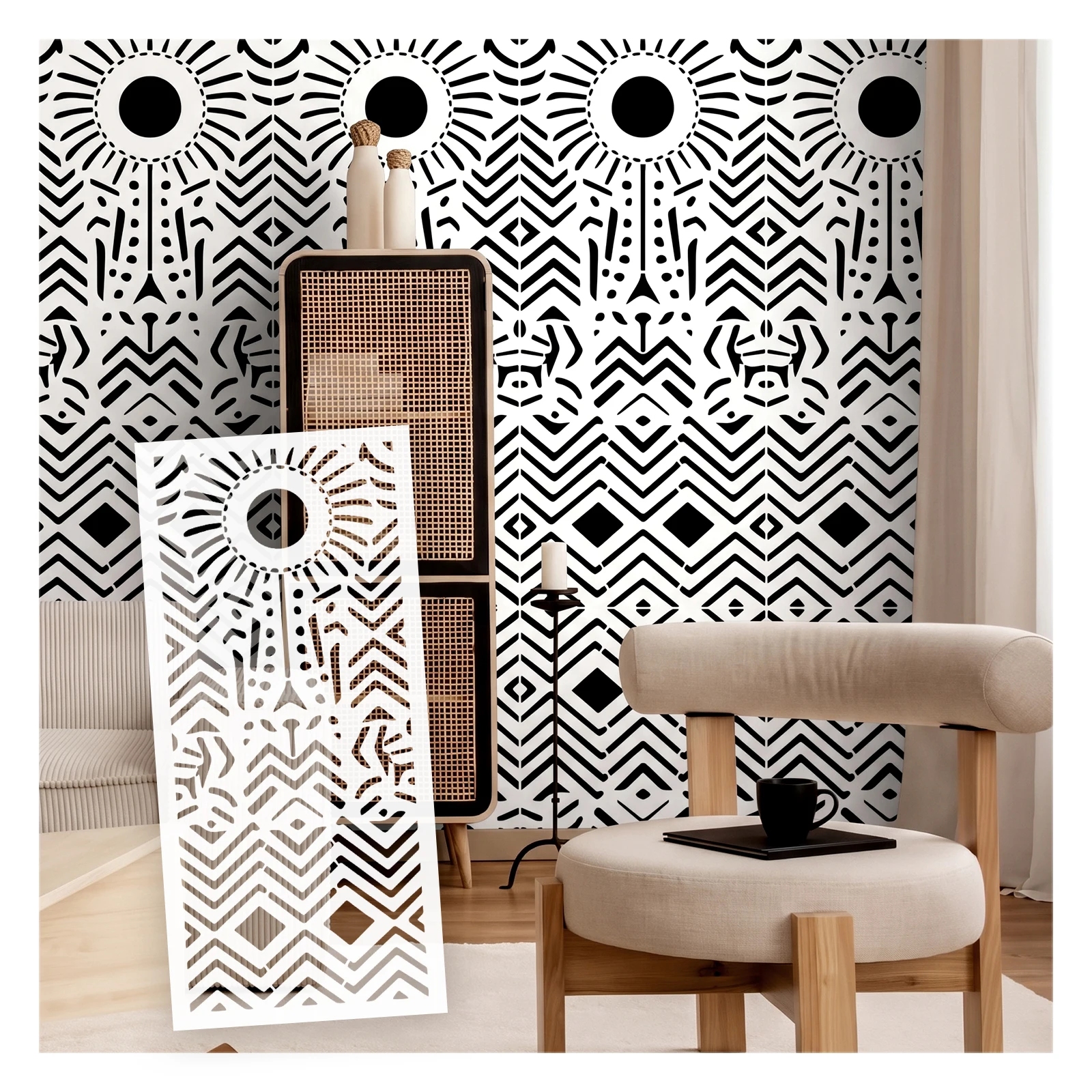 Large Wall Stencil Painting Geometric Modern Tribal Pattern Big Size Template For Walls Boho Sun Pattern Home Decor