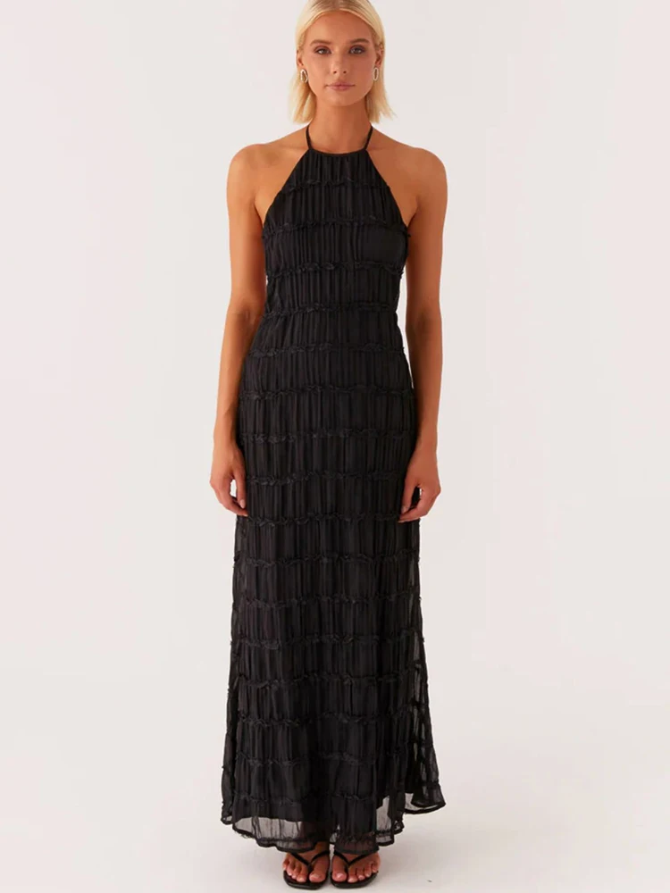 Mozision Halter Backless Sexy Maxi Dress For Women Spring Summer New Lace-up Sleeveless Pleated Beach Holiday Long Dress Elegant