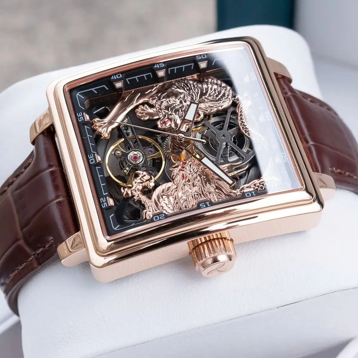 Reef Tiger Men Automatic Watch Fashion 39mm Square Mechanical Wristwatch Luminous Relief Dragon & Tiger Dial Sapphire Mirror