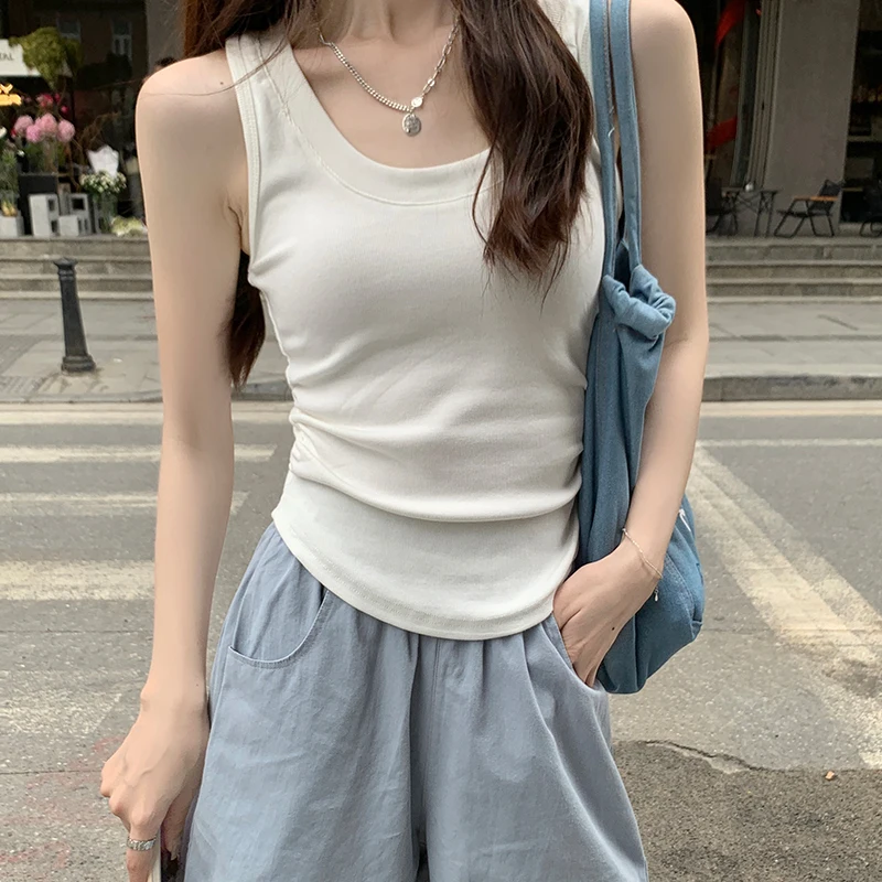 Spring and summer pure cotton camisole vest for women's inner layering with bottom pleats and waistband top for external wear