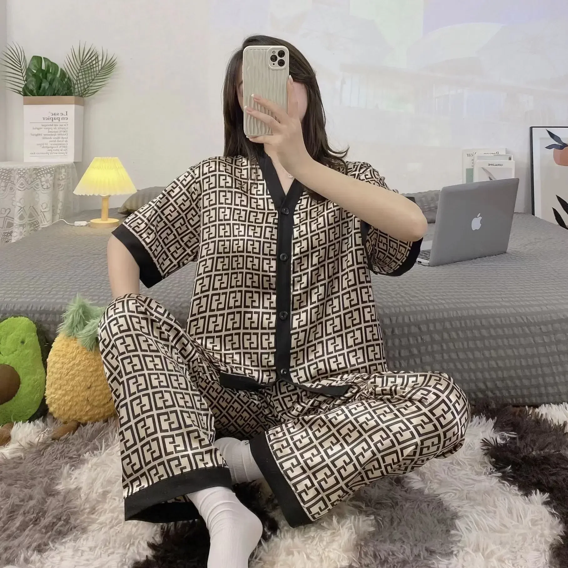 Women Ice Silk Pajamas Two-piece Female Short Sleeve Long Pant  Pajama Set Cardigan Simulation Silk Lapel Loungewear Set Pajama