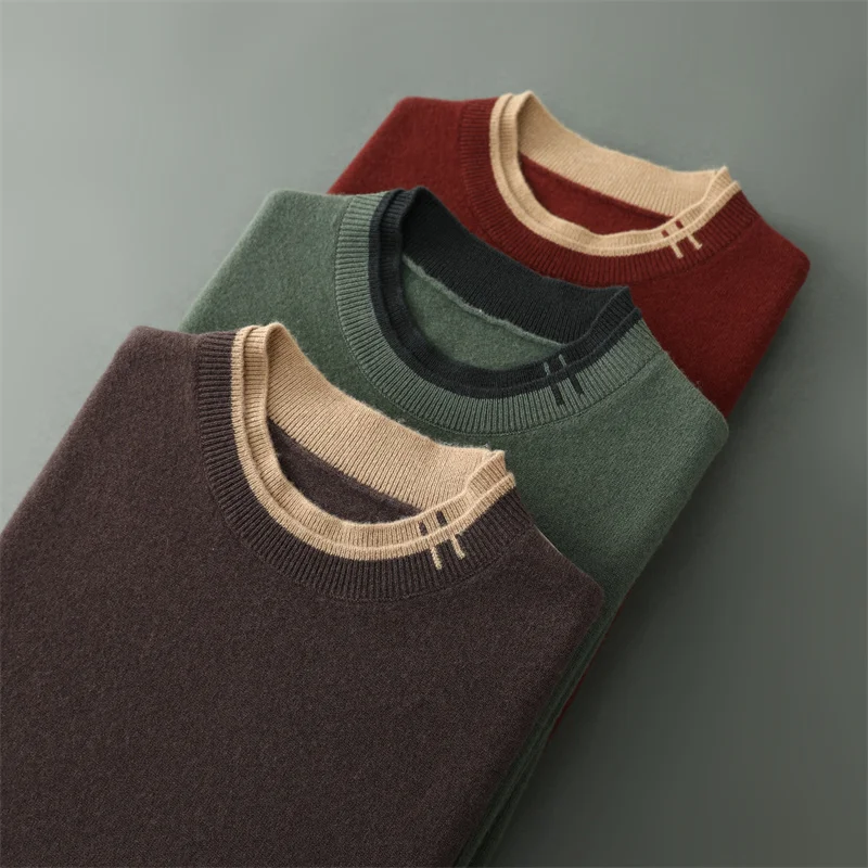 24 Pure Wool Sweater Men's Round Neck Autumn Winter New Item Thickened Color Blocked Fake Two-Piece Pullover Casual Knitted Base