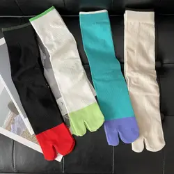 Fashion Patchwork Japanese Tabi Socks Women Combed Cotton Thin Separate Toe Socks Simple Comfort High Tube Two Finger Socks