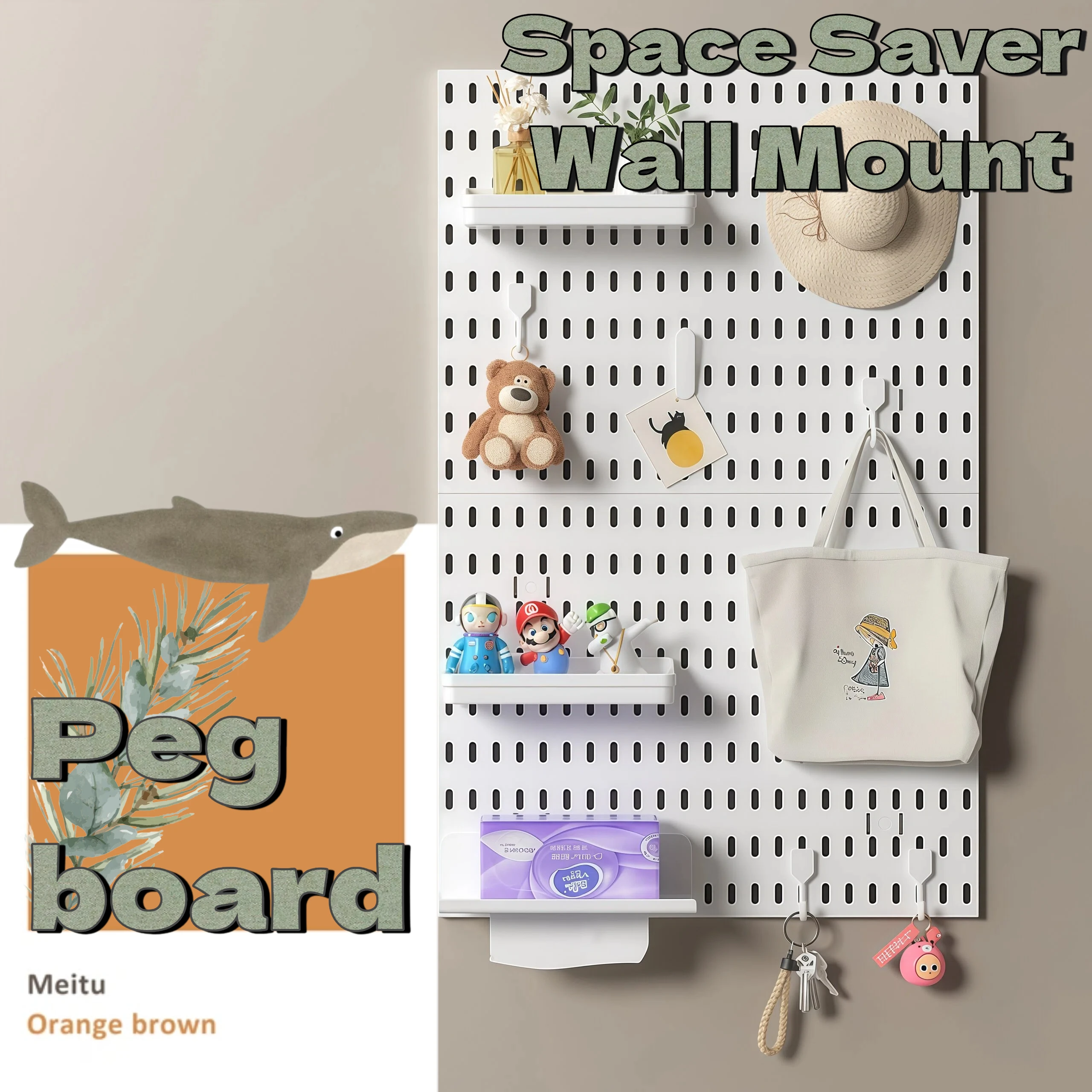 Hallway Wall Pegboard Organizer with Hooks, PP Hole Board for Keys Umbrella Bag Storage Entryway Display, 2 Colors