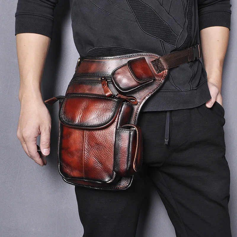 Vintage Cool Crazy  Leather Motorcycle Single Shoulder Thigh Bag Outdoor Leisure Youth Zipper Closure Small Size Pure Color