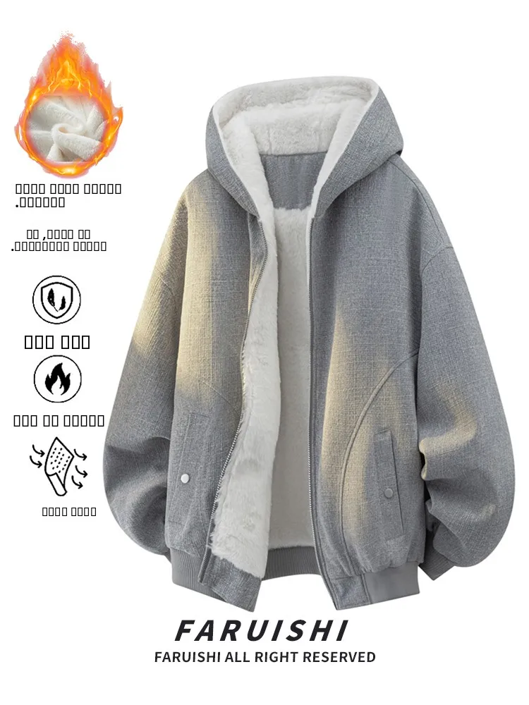 

2026 Autumn Winter New Men's Thiened Warm Rabbit Fur Lined Hooded Jaet Loose Large Size Casual Sle Windproof Polyester ...