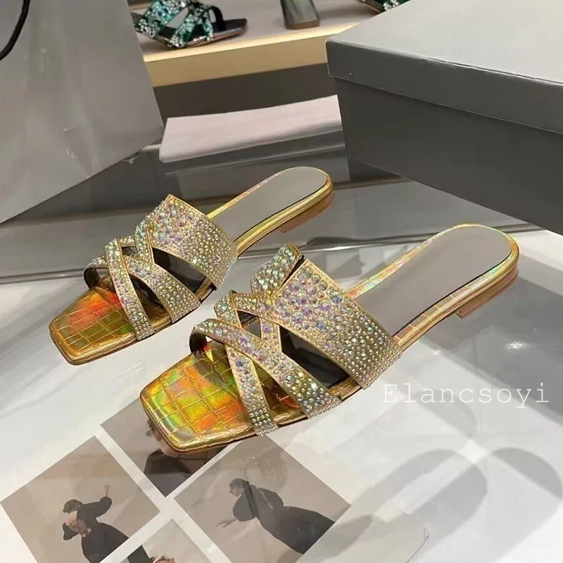 لامعة حجر الراين نعال مسطحة المرأة ساحة تو قدس الصنادل كسول الصيف شباشب على الموضة في الهواء الطلق عطلة أحذية الشاطئ #2