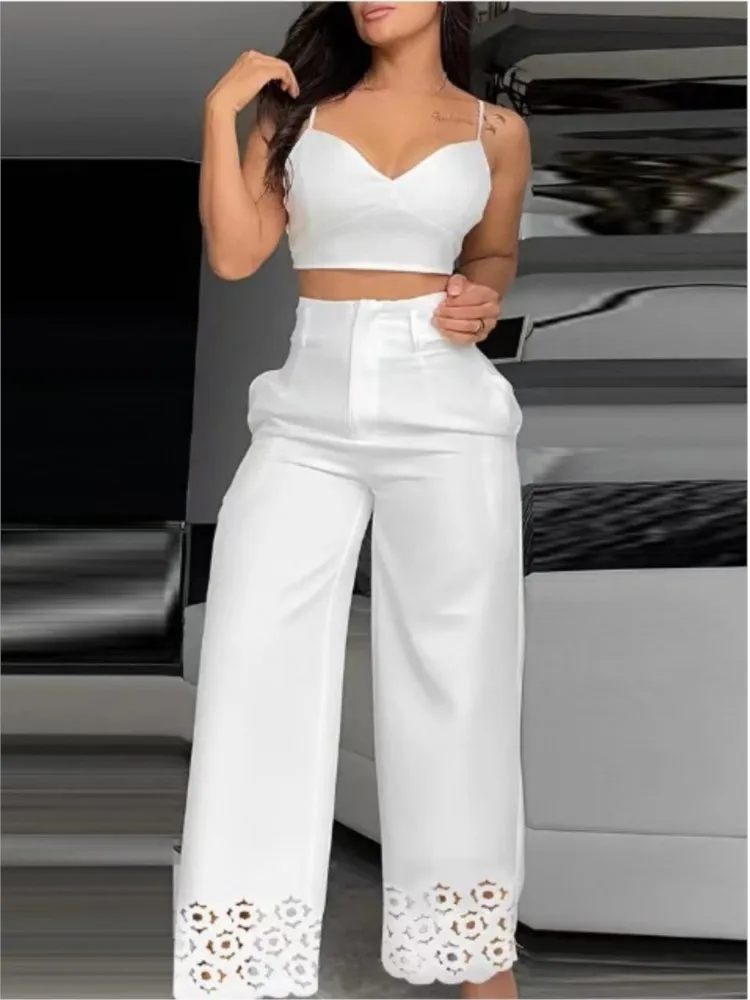 Summer Two Piece Sets Womens Outifits 2024 Fashion V-Neck Cami Crop Top & Casual White Hollow Out Wide Leg High Waist Pants Set