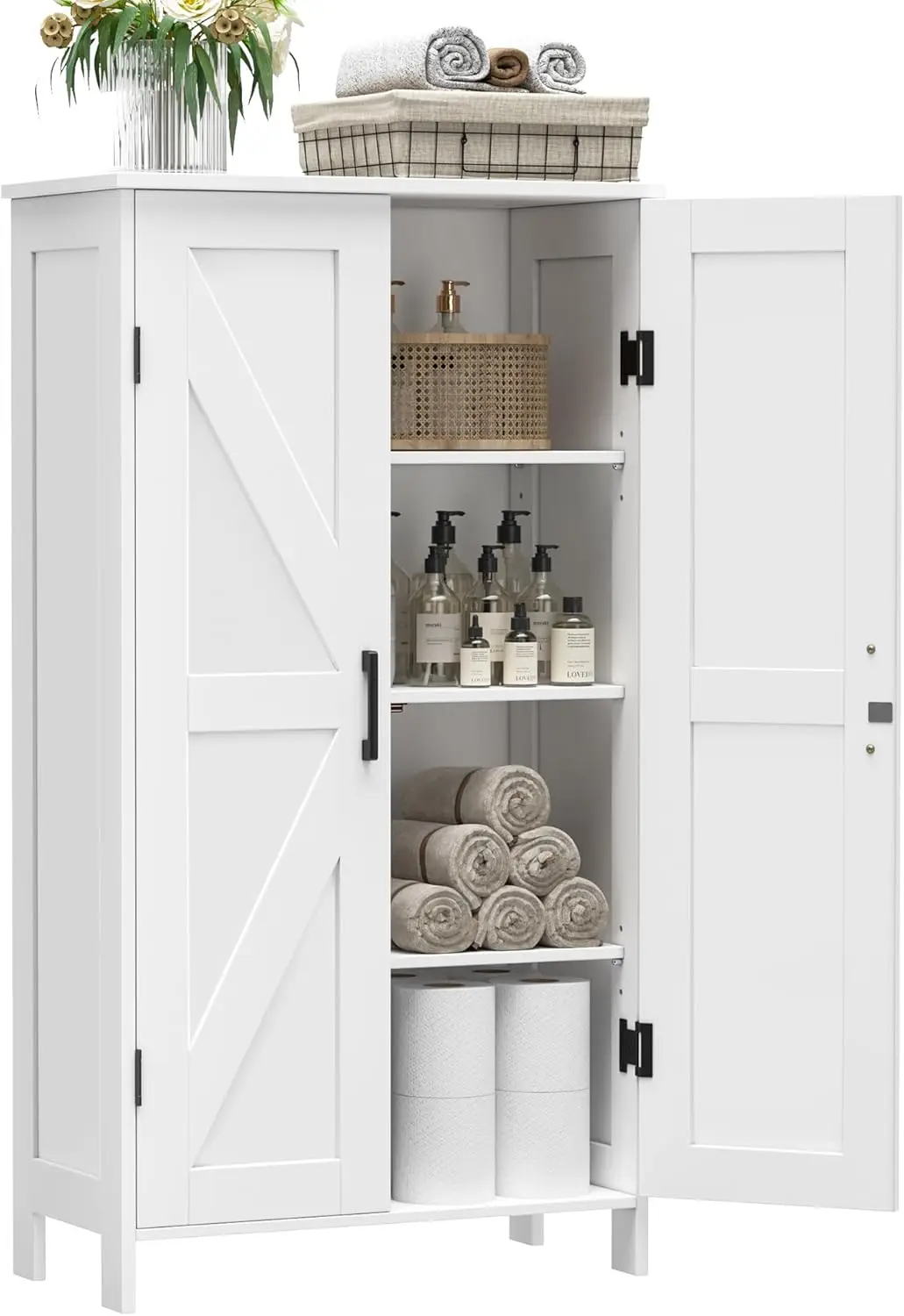

Farmhouse Bathroom Cabinet with Adjustable Shelves, Free-Standing Storage Cabinet with Barn Doors