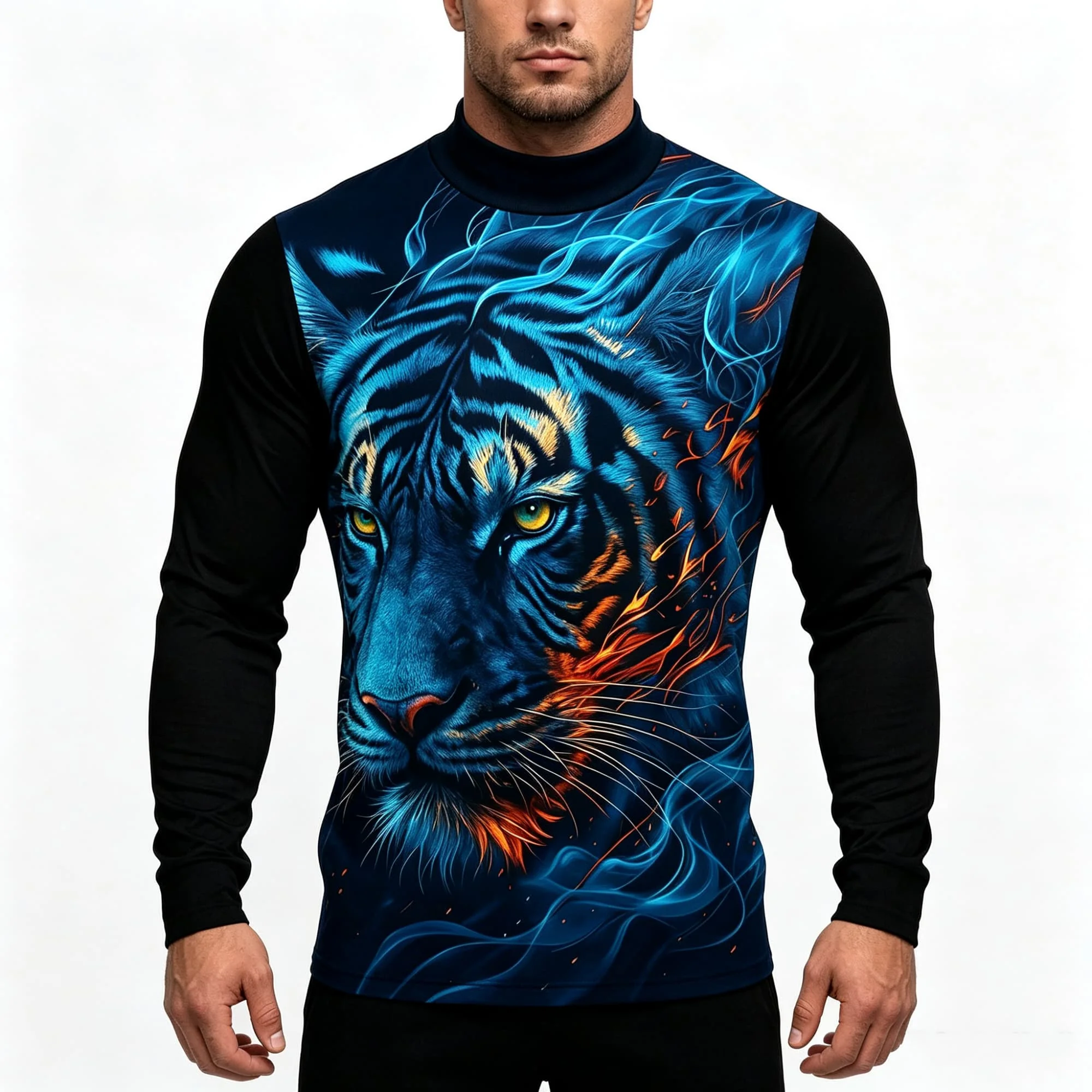 Neon Blue Flame Tiger Animal Art 3D Print Men Mock Neck Long Sleeve Tee Contrast Sleeve Graphic Top