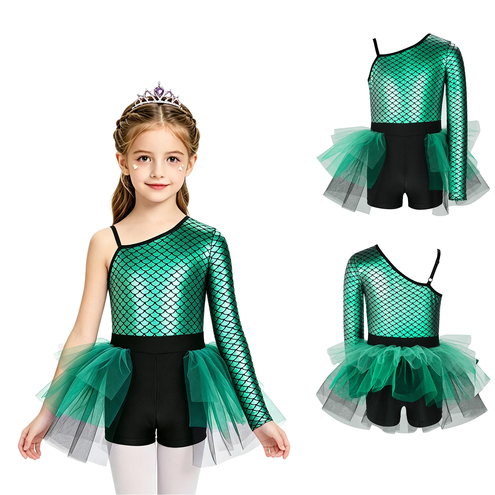 Kids Girls Metallic Shiny Fish Scale Print Mermaid Leotard Dress Ballet Dance Gymnastics Tutu One Shoulder Bodice Tulle Jumpsuit