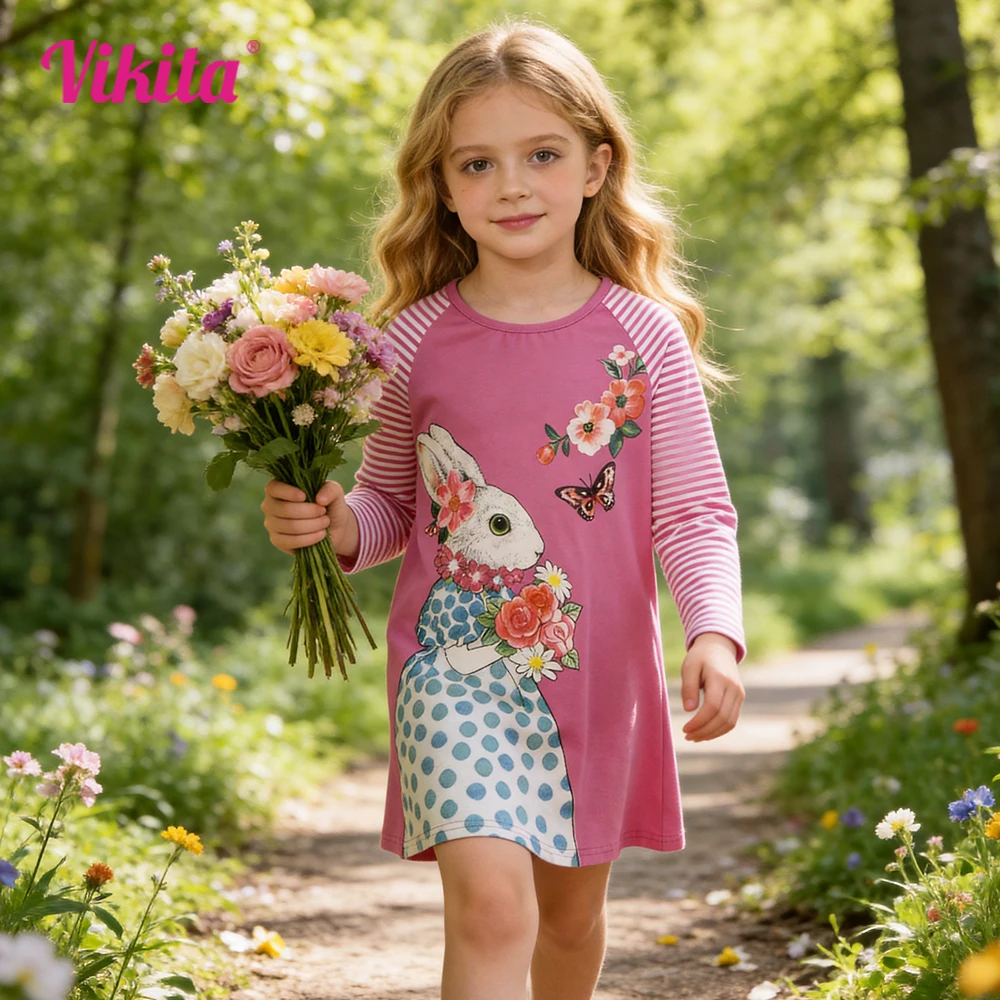 VIKITA Girls Pink Bunny Rabbit Cartoon Print Straight Dress Toddlers Cotton Casual Daily Long Sleeve Autumn Spring Outfits Frock