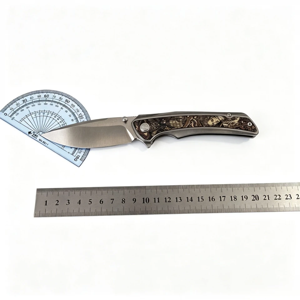 Magnacut MC Steel Folding Knife Hand Brushed Blade TC4 Laser Carved Japanese Pattern Ice Crystal Clip Ceramic Bearing Light EDC