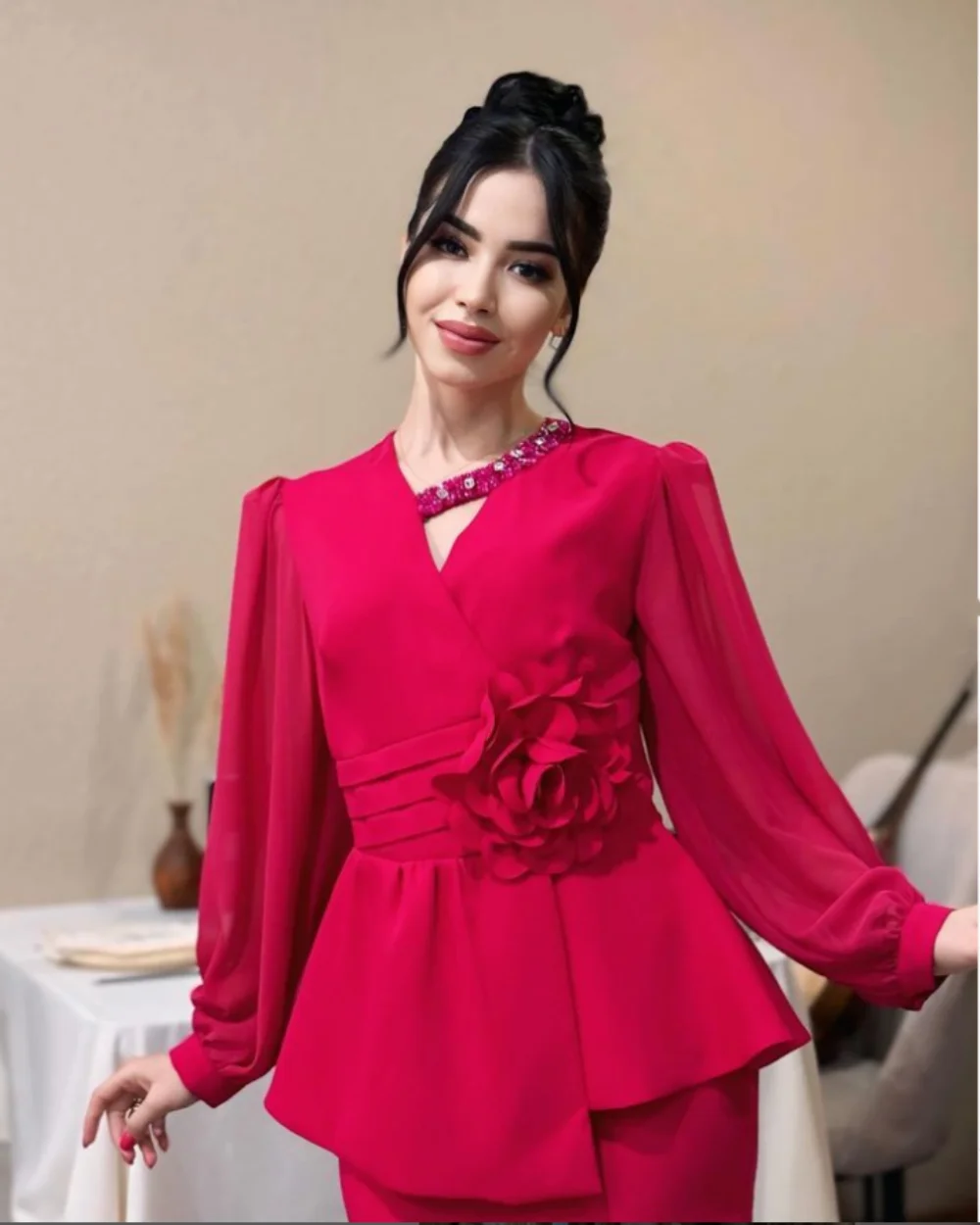 Customized Flowers A-line V-neck Prom Gowns Sequined vent Jersey Party Dresses Anke length Draped Evening Dresses