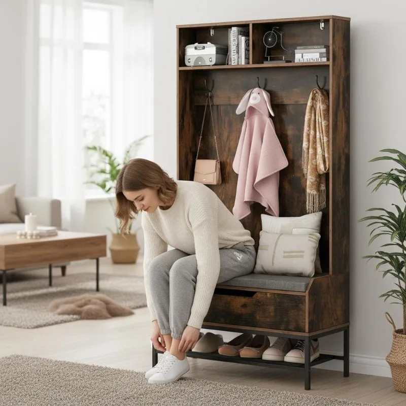 Meuble à chaussures 110 x 40 x 65 cm avec assise rembourrée en mousse, structure métallique robuste avec crochets, étagère inférieure et compartiments ouverts, système anti-basculement idéal pour entrée en bois