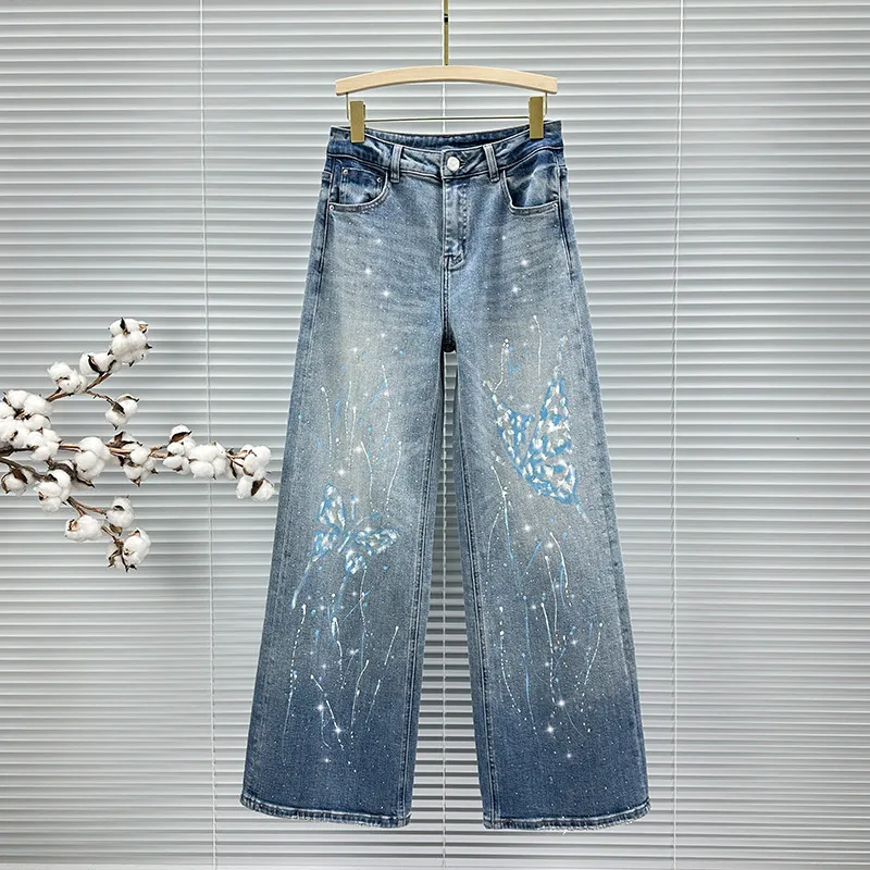 

Graffiti Rhinestone Denim Trousers for Women, Trendy 2026 Spring New Style, High-waisted,Flying Butterflies Long Wide-leg Pants