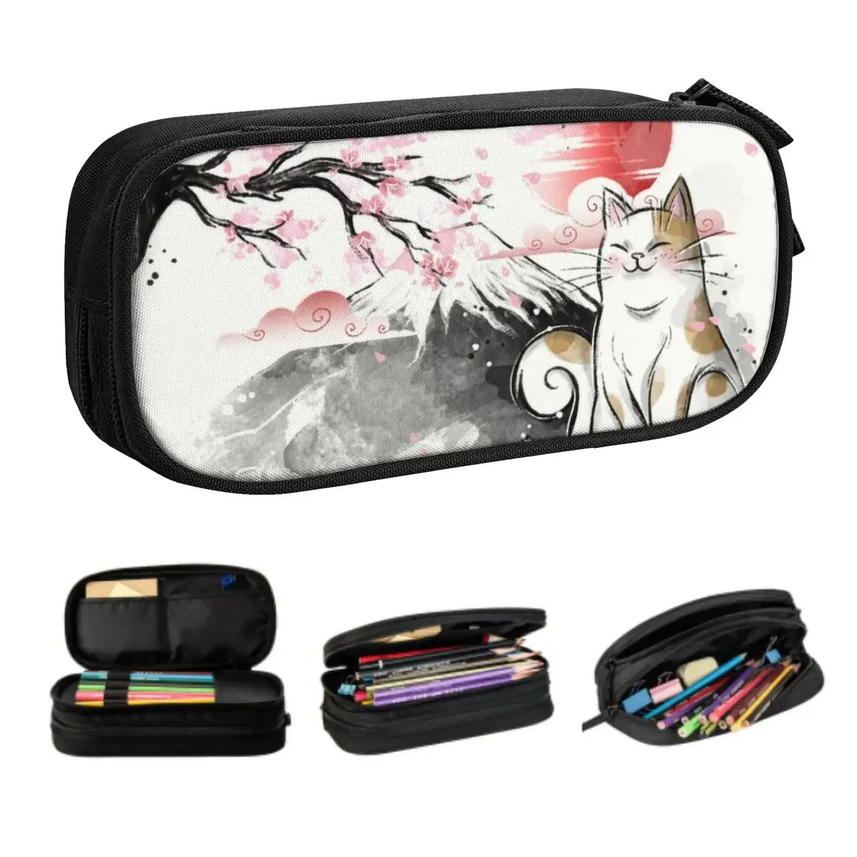 Custom Japanese Sakura Cute Cat Cute Pencil Cases Girl Boy Large Capacity Floral Flower Pencil Pouch School Supplies