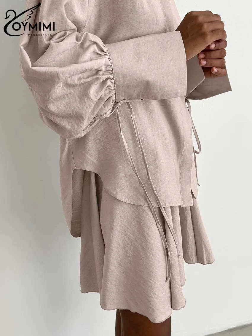 Oymimi Casual Khaki Sets Womens 2 Piece Fashion Lapel Long Sleeve Button Shirts And Drawstring Pleated Mini Skirts Female Sets