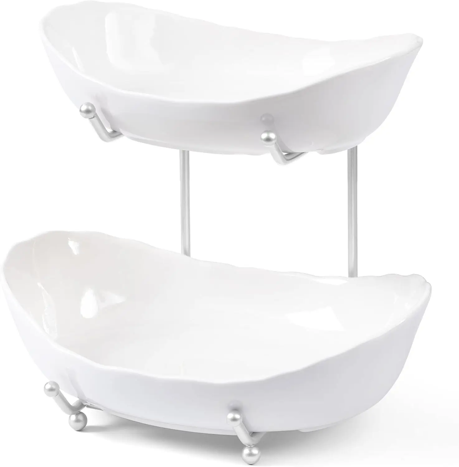 

Fruit Bowl for Kitchen Counter - 2 Tier Ceramic Fruit Bowl with Metal Stand, Tiered Fruit Basket for Kitchen Counter, S