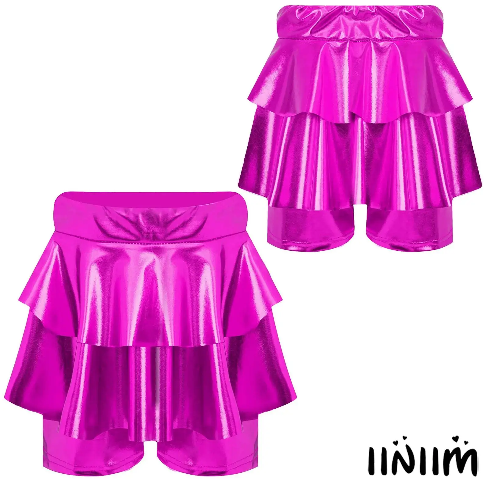

Kids Girls Metallic Skirted Shorts High Waist Elastic Waistband Culotte for Jazz Dance Cheerleading Performance Parties Costume