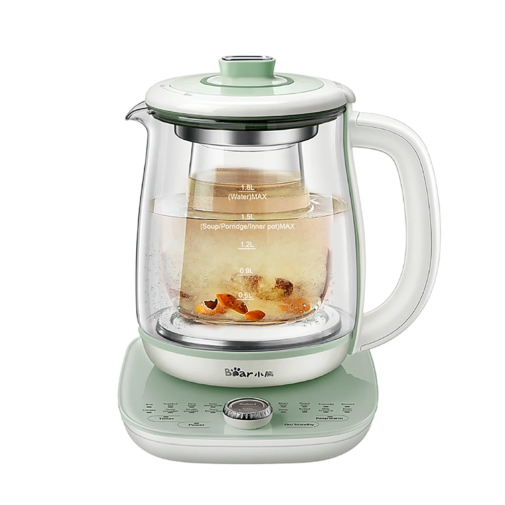 Bear YSH-C18S2 Health Pot, Electric Kettle Tea Maker with Infuser, Glass Kettle & Stew Pot, 16 Menus 1.8L 120V, Green