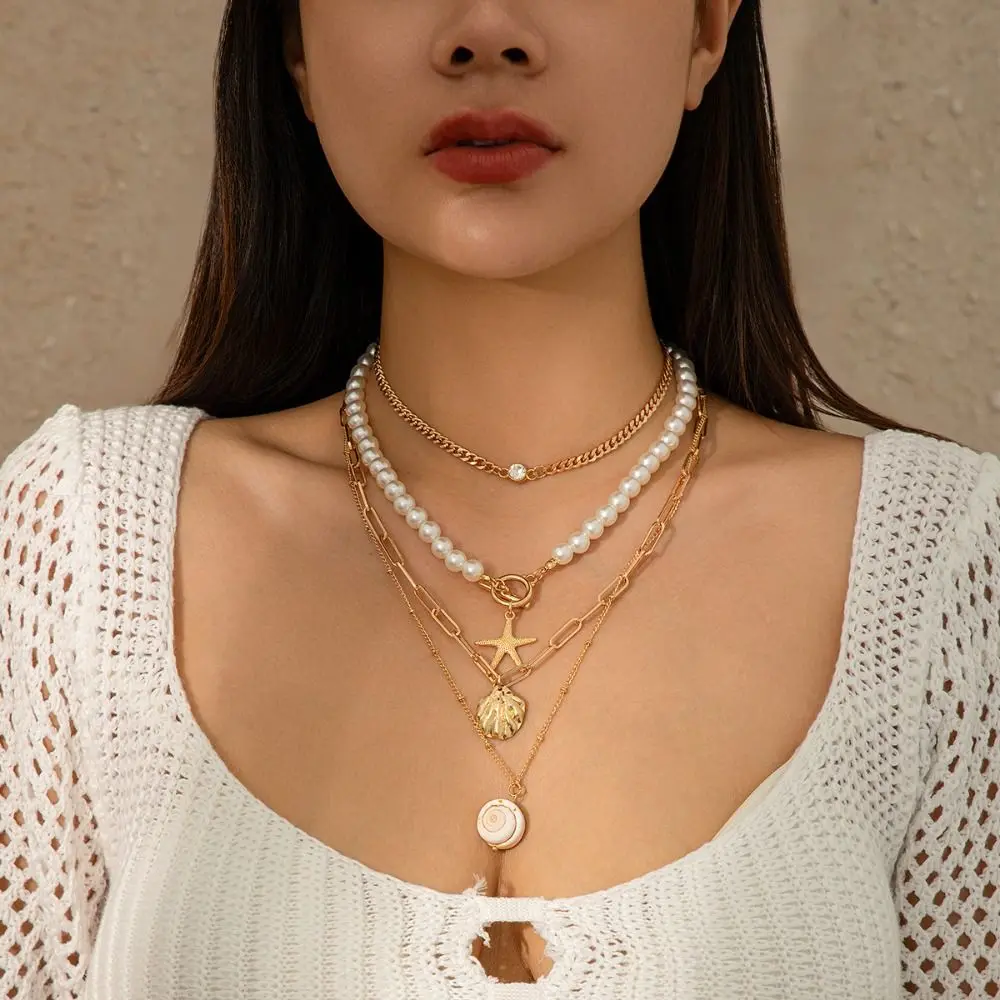 

Fashion Pendant Shell Multilayer Necklace Bohemian Style Y2K Accessories Conch Clavicle Chain Pearl Starfish Choker Gift