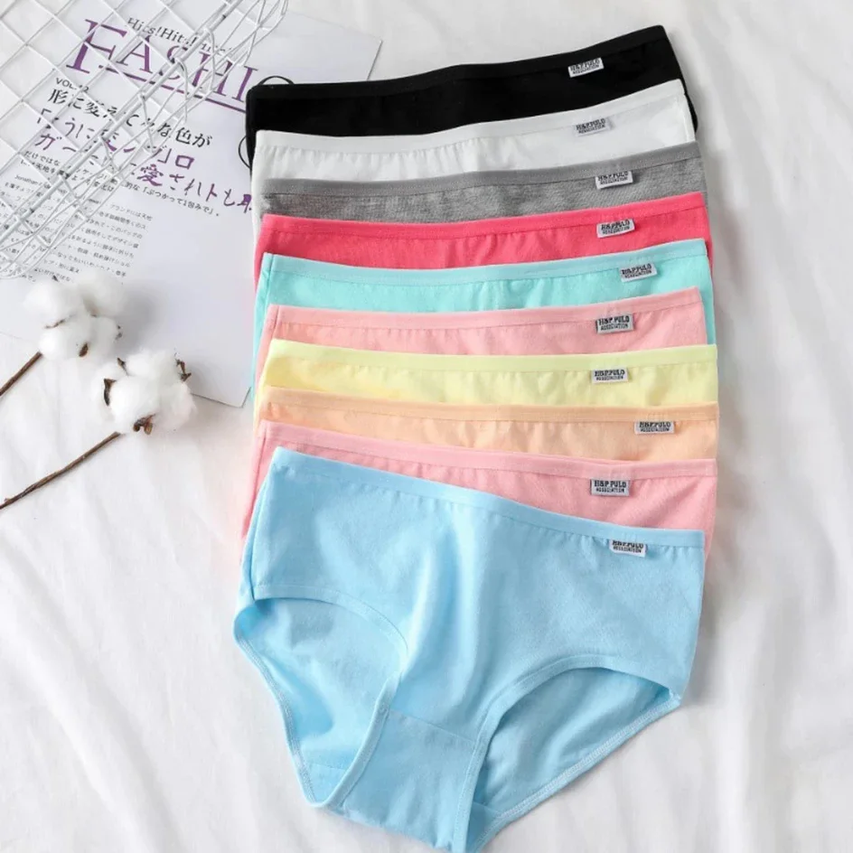 10Pcs High-Quality Cotton Panties Candy Color Underwear Womens Comfortable Mid-waist Breathable Underpanties Sexy Women Briefs