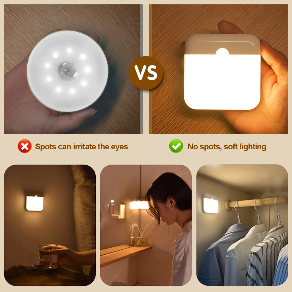 Nordic Motion Sensor Led Square Lamp Usb Charging Night Light Bedroom Kitchen Toilet Stair Hallway Wardrobe Cupboard Lighting