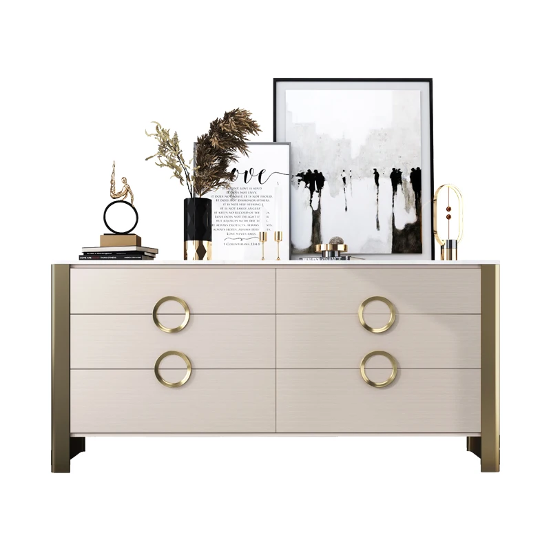 

Modern light luxury chest cabinet Bedroom solid wood porch cabinet Simple stainless steel marble drawer type storage side cabine