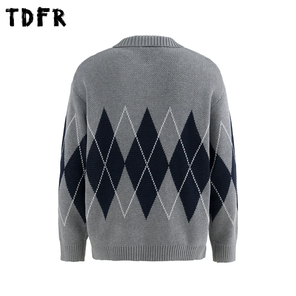 Suéter de Jacquard a cuadros con rombos para hombre, Jersey de punto de manga larga con solapa holgada informal Retro para otoño e invierno