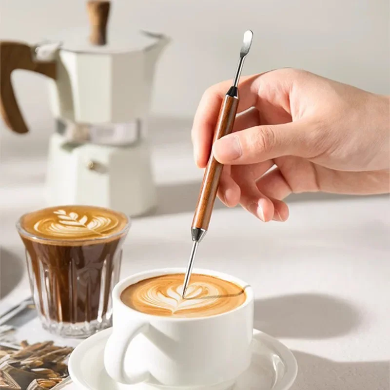 Stainless steel coffee decorative art pen with wooden handle, latte flower needle tool accessories, styling tool  latte Tool