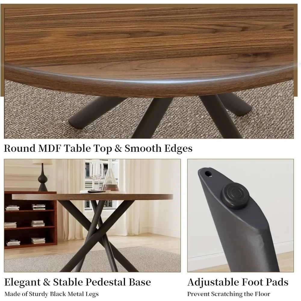 45.3'' Walnut Round Dining Table Set for 4, Mid Century Modern Small Coffee Set for Dining Room Kitchen Apartment