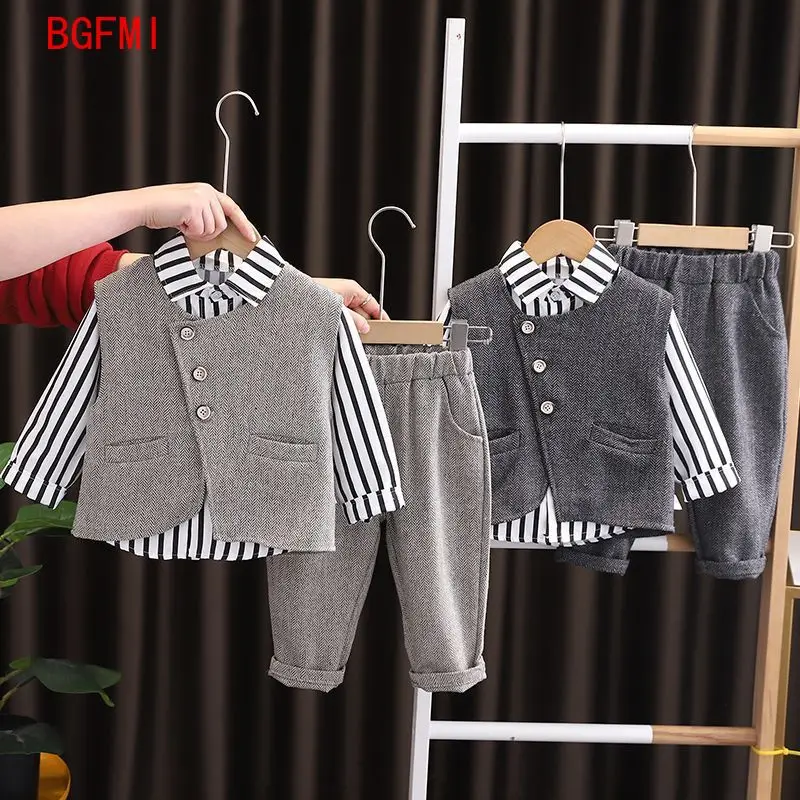 Boys' Handsome Vest+ Striped Shirt+ Pants Blazer Sets New Korean Children's Clothing Baby Spring Autumn Casual Shirt 3pcs Set