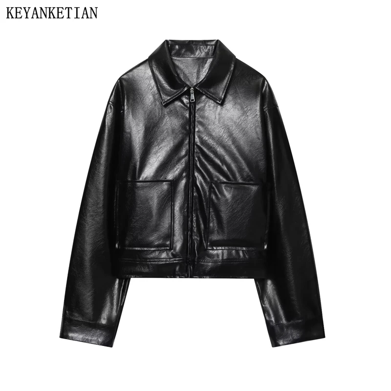 KEYANKETIAN 2025 Winter New Women's Faux Leather Jacket Retro style Turn Down Collar Zipper Loose Outerwear Fashion Black Coat