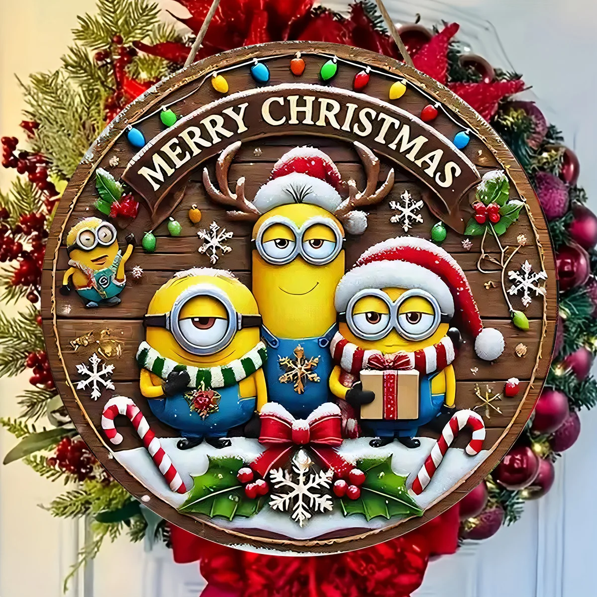 1PC Christmas Minions Themed Wooden Sign Decoration  A Circular Plaque With Rope Suitable For Home And Outdoor Use New Year 2025