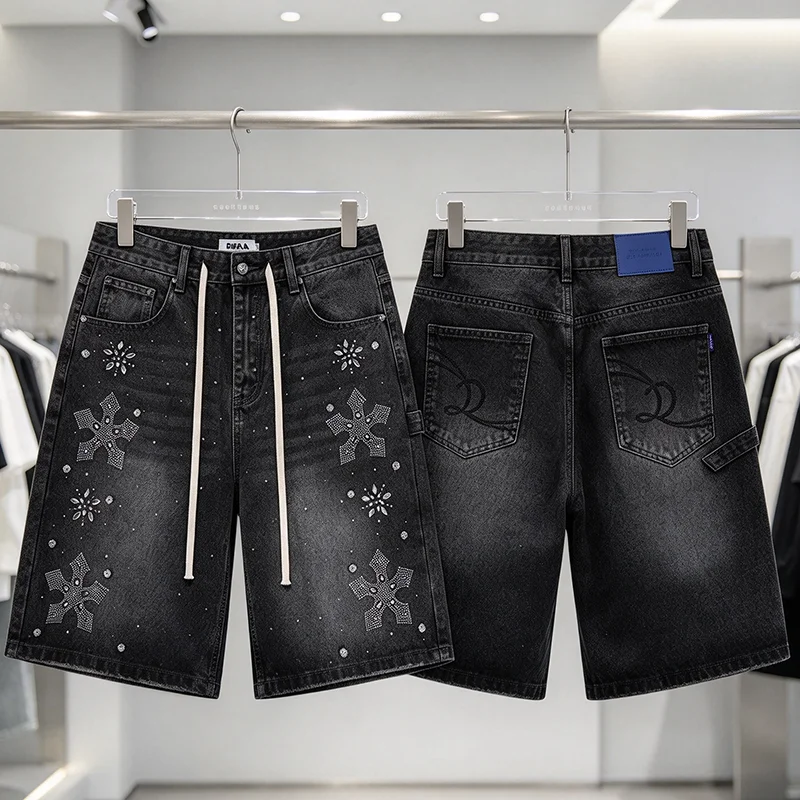 DUAA Vintage Washed Black Denim Shorts Men Rhinestone Cross Flower Street Jorts