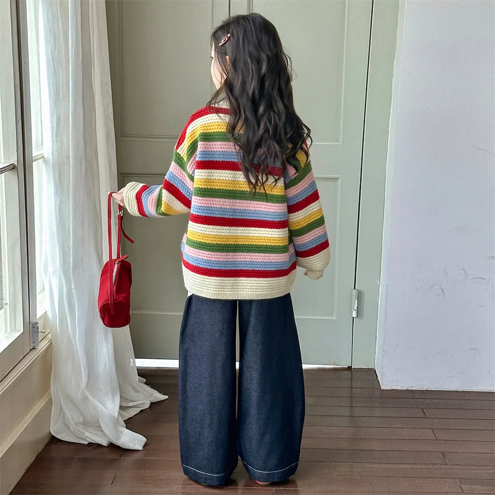 Spring Autumn Child Relaxed Fit Colorful Stripe Knitted Cardigan for Girls Beautiful Crew Neck Sweater Long Sleeve Kids Knitwear