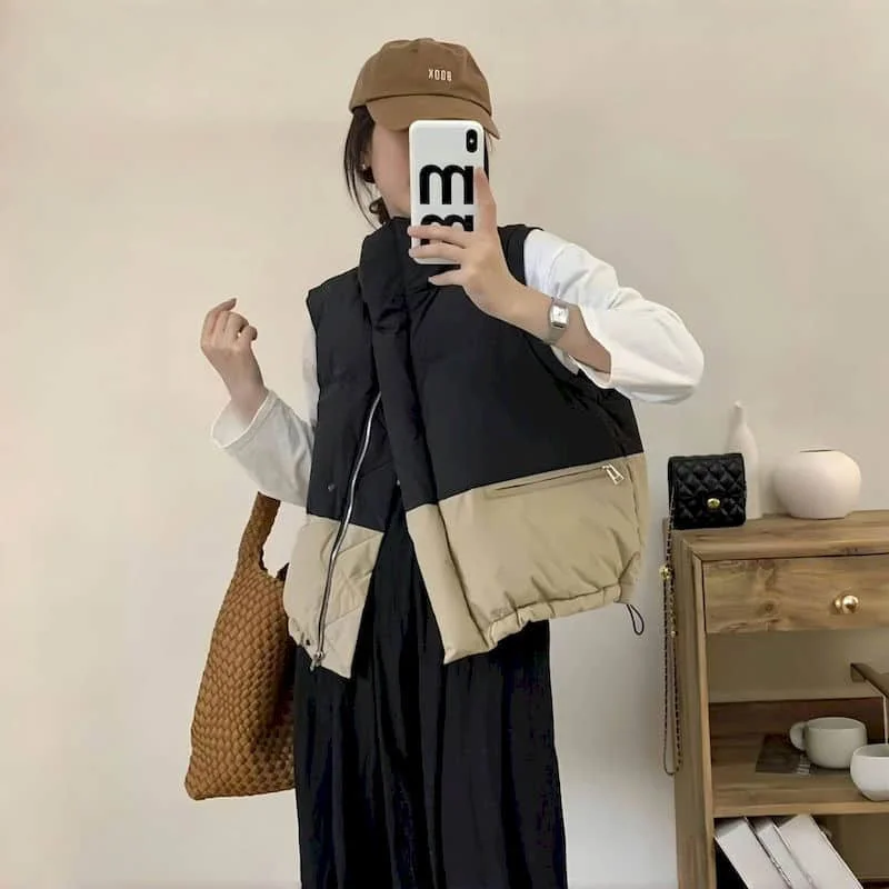 

Workwear Waistcoats for Women Harajuku Contrast Color Vest Stand Collar Casual Sleeveless Cardigans Vintage Loose Women Tops