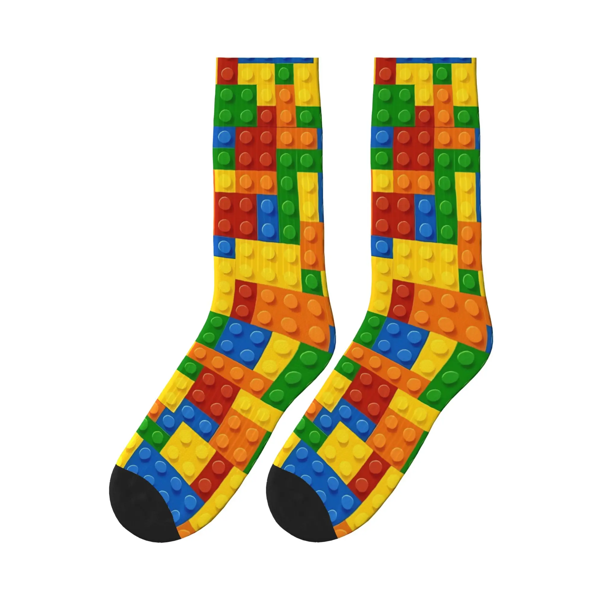 Men Socks Vertical Primary Color Building Blocks Pattern Stockings Autumn Casual Breathable Socks Pattern Cycling Anti Socks