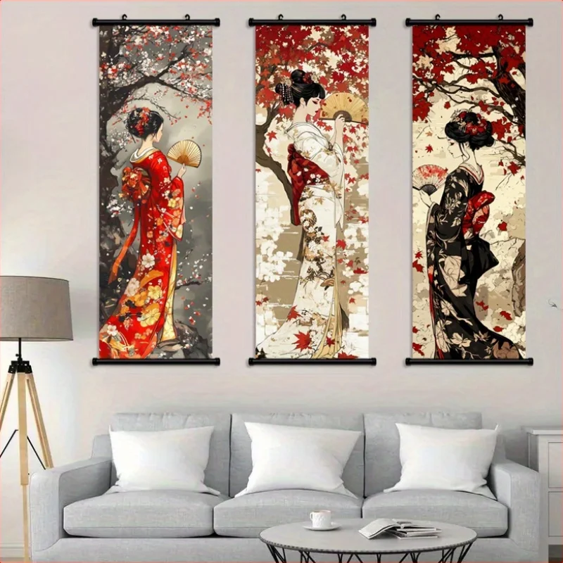 VIKAMA Japanese Geisha Kimono Scroll Tapestry, Retro Ukiyo-e Beauty Hanging Poster, Wall Art for Living Room Decor