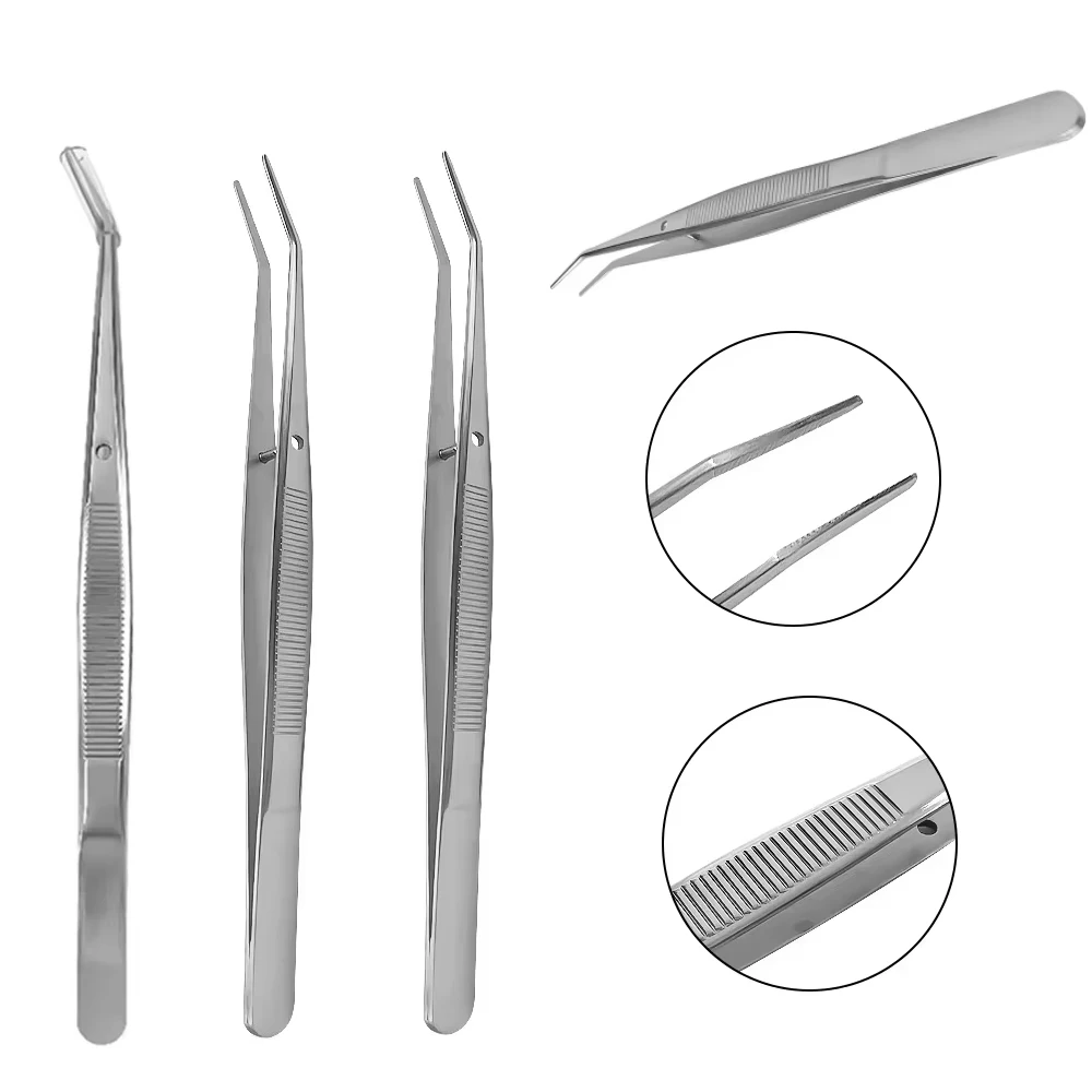 Dental Cotton Dressing Tweezers Stainless Steel Surgical Serrated Curved Tweezers Pincers Forceps Dentistry Instruments