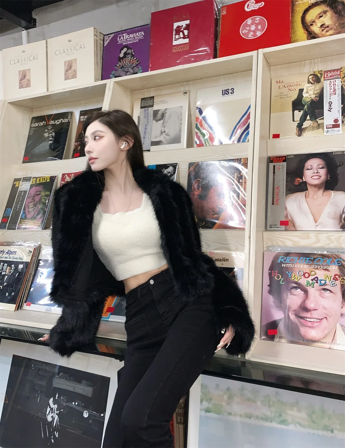 エコフレンドリーなファー付きジャケット、レディース用、長袖、黒革コート、多用途な冬用トップス、若い大人向け