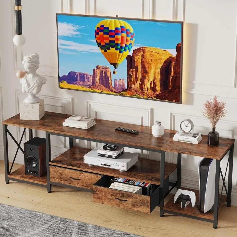 

TV Stand with Fabric Drawers for 65 70 75 Inch TV Entertainment Center Industrial Console Table with Open Storage Shelves for