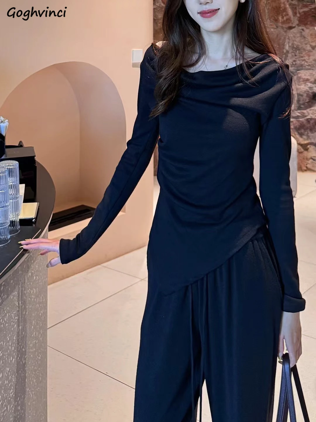 

Slash Neck Long Sleeve T-shirts Women Autumn Office Ladies Temperament Irregular Tops Slim Fit Sexy Streetwear Fashion Korean