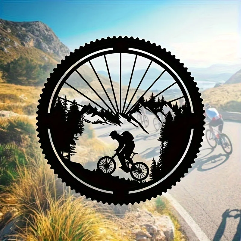 1pc Limited Mountain Bike Metal Wall Art Black Silhouette Cyclist Riding in Forest with Sunbeam Backdrop Wall Decor