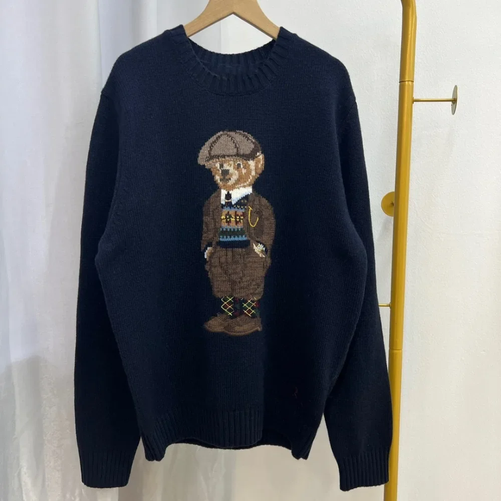 New cartoon teddy bear round neck pullover for spring 2024, college age reducing versatile wool sweater, unisex