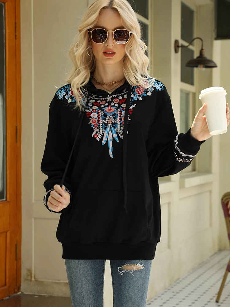 Imagem -02 - Khalee Yose Boho Bordado Moletom com Capuz Camisola de Algodão Preto Outono Solto Harajuku Streetwear Vintage Feminino 23xxxl Topos