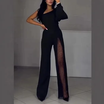 Vrouwen Strapless Jumpsuit Casual Mode Dames Effen Schuine Schouders Broek Lente Kant Splicing Rompertjes Sexy Straat Speelpakjes