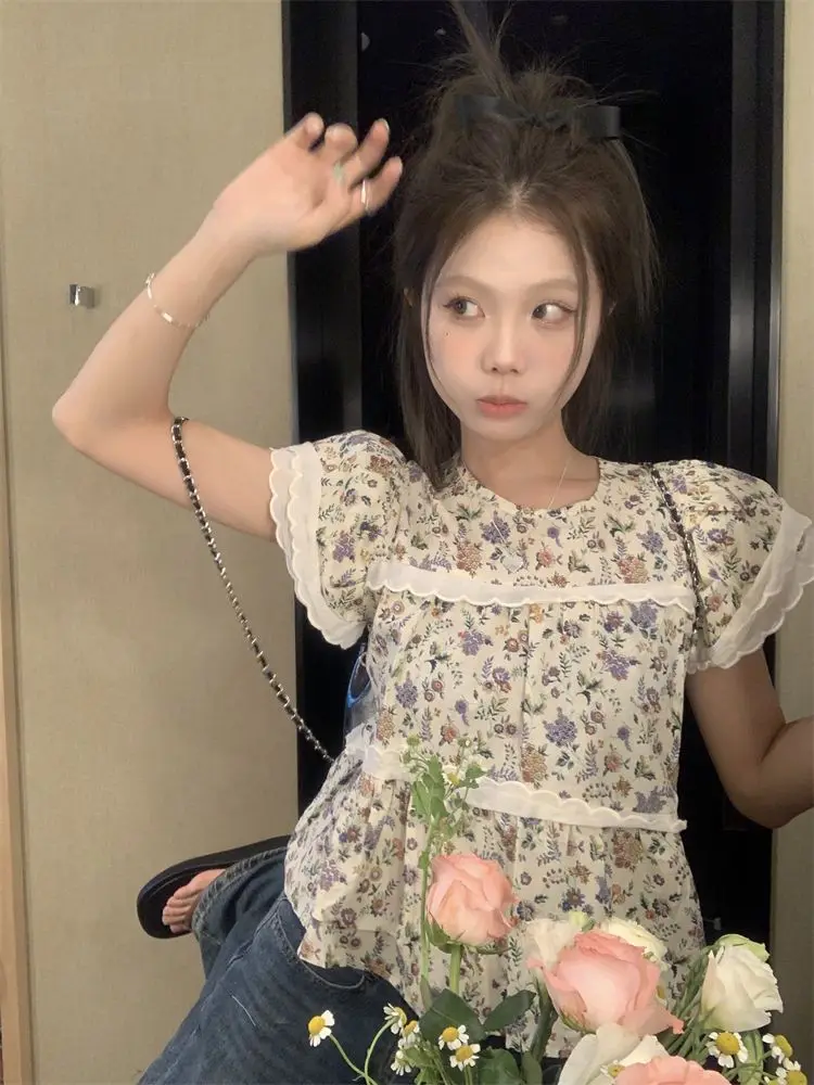 Blusen für Damen, abgeschnitten, Sommer, Vintage, zart, süß, bedruckt, ästhetisch, gerüscht, französischer Stil, mädchenhaft, beliebt gestaltet, Camisas Young